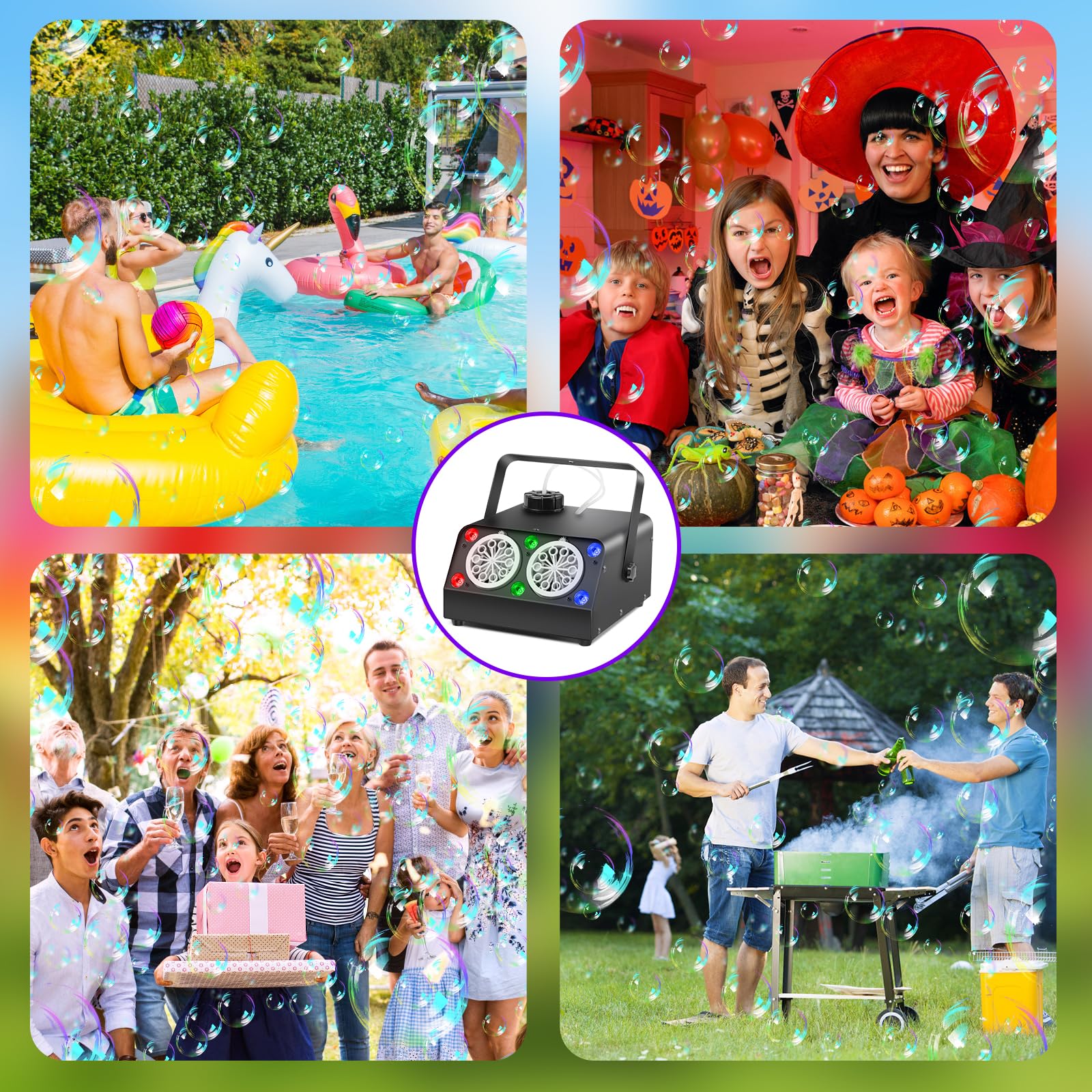 VStoy Wireless Remote Control Double Nozzle Bubble Machine with 6 RGB LED Lights - 120,000 Bubbles Per Minute, Metal Shell - Perfect for Kids Birthday Parties, Weddings, Halloween Events, Outdoor Gatherings & Backyard Fun
