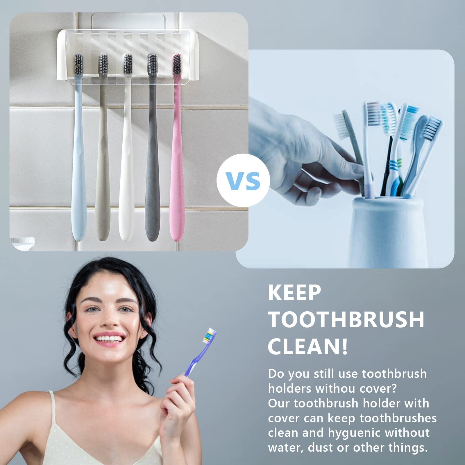 5-Slot Wall Mount Toothbrush Holder with Cover - Self-Adhesive Bathroom Organizer for Toothbrushes (White) | Perfect for Dorm, Apartment & Shower Storage - Holds 5 Toothbrushes Hygienically