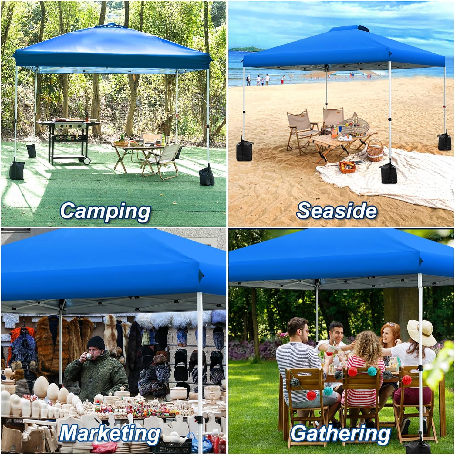 WEIZE 10x10 Pop Up Canopy Tent - Instant One-Button Setup, Adjustable Height Gazebo with 4 Weight Bags | Portable Shelter for Outdoor Events, Camping, Beach & Backyard Parties | Silver Coated Top & Blue Frame Sun Shade Protection