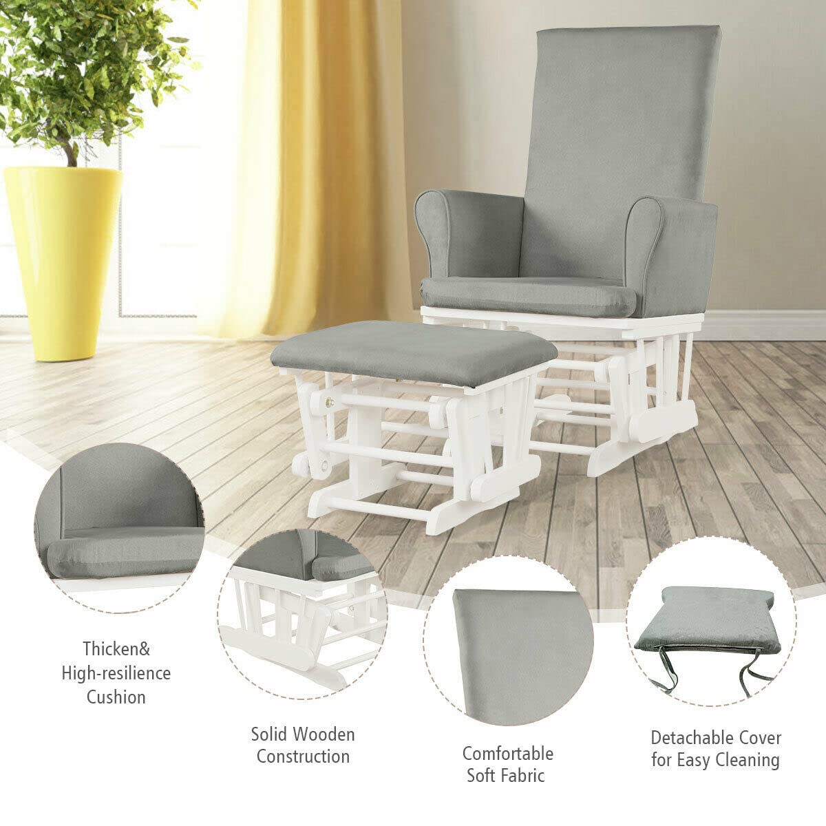 Costzon Baby Glider and Ottoman Set - Gray Upholstered Nursery Rocking Chair with Padded Armrests for Nursing, Napping & Reading | Comfortable Nursery Furniture for Baby's Room & Bedroom