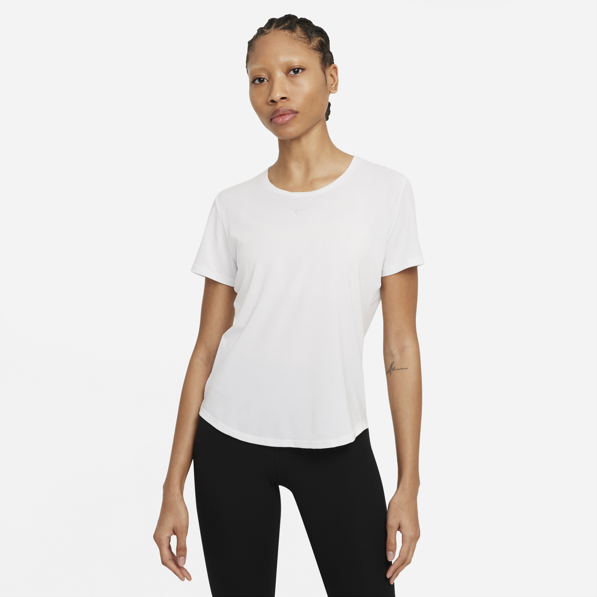 Nike Women's DRI-FIT UV Protection Moisture-Wicking Short Sleeve T-Shirt - White/Reflective Silver - Athletic Workout Top for Running, Yoga & Outdoor Activities