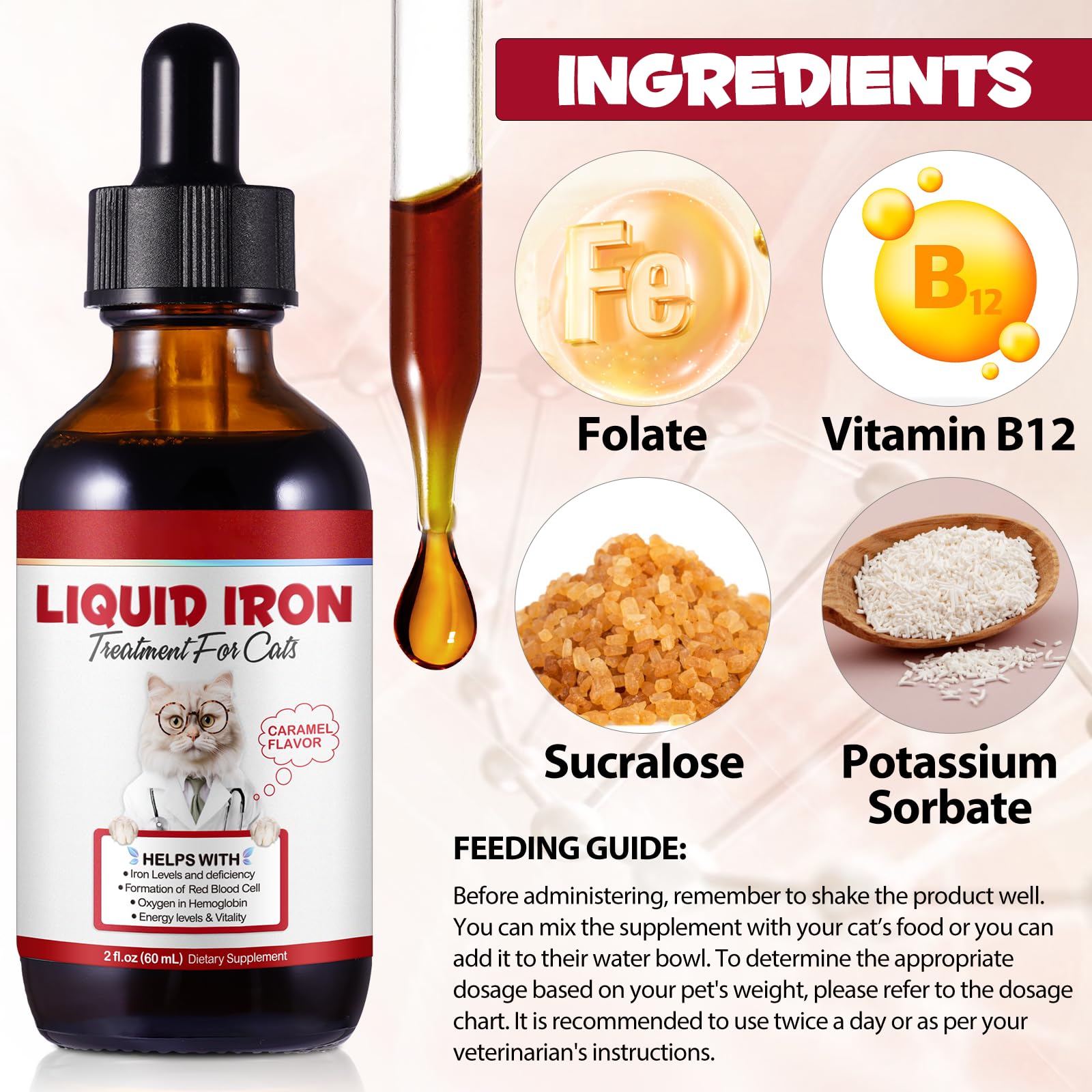 JSBNQRMZ Liquid Iron Supplement for Cats - 60ML Cat Vitamin with Vitamin C & B12 - Supports Anemia & Blood Health - Promotes Red Blood Cell Formation - Ideal for Weak or Anemic Felines - Perfect for Daily Health Maintenance & Recovery