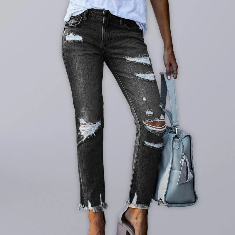 Women’s Ripped Straight Leg Jeans - High Waist Distressed Denim Pants for Casual Wear & Street Style Outfits