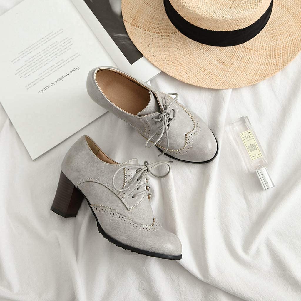 Women's Block Heel Oxford Shoes - Comfortable PU Leather Lace-Up Pumps for Office, School & Casual Wear - Chunky Heel Dress Shoes for Women