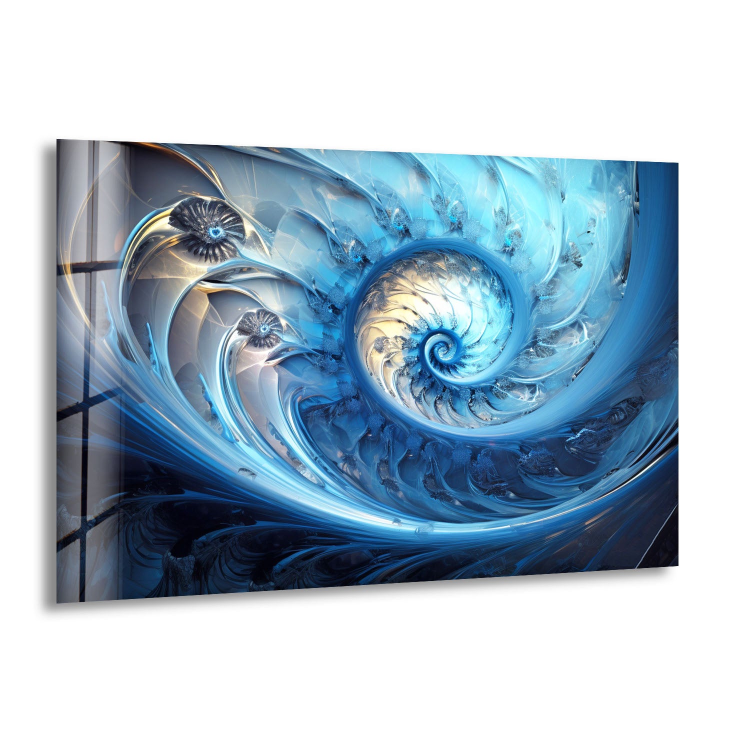 Blue Fractal Spiral Wall Art - Abstract Nautilus Glass Print for Modern Living Room & Office Decor | Perfect for Contemporary Home & Workspace Interiors