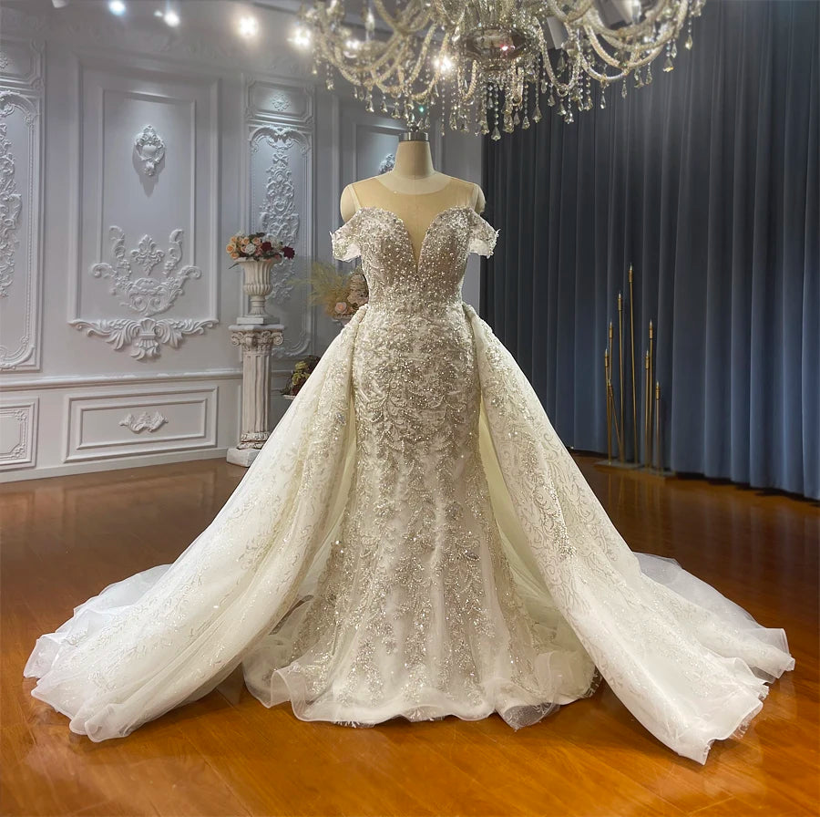 Elegant Off-the-Shoulder Straps Mermaid Wedding Dress with Detachable Skirt - Perfect for Beach Weddings, Formal Balls & Bridal Photoshoots