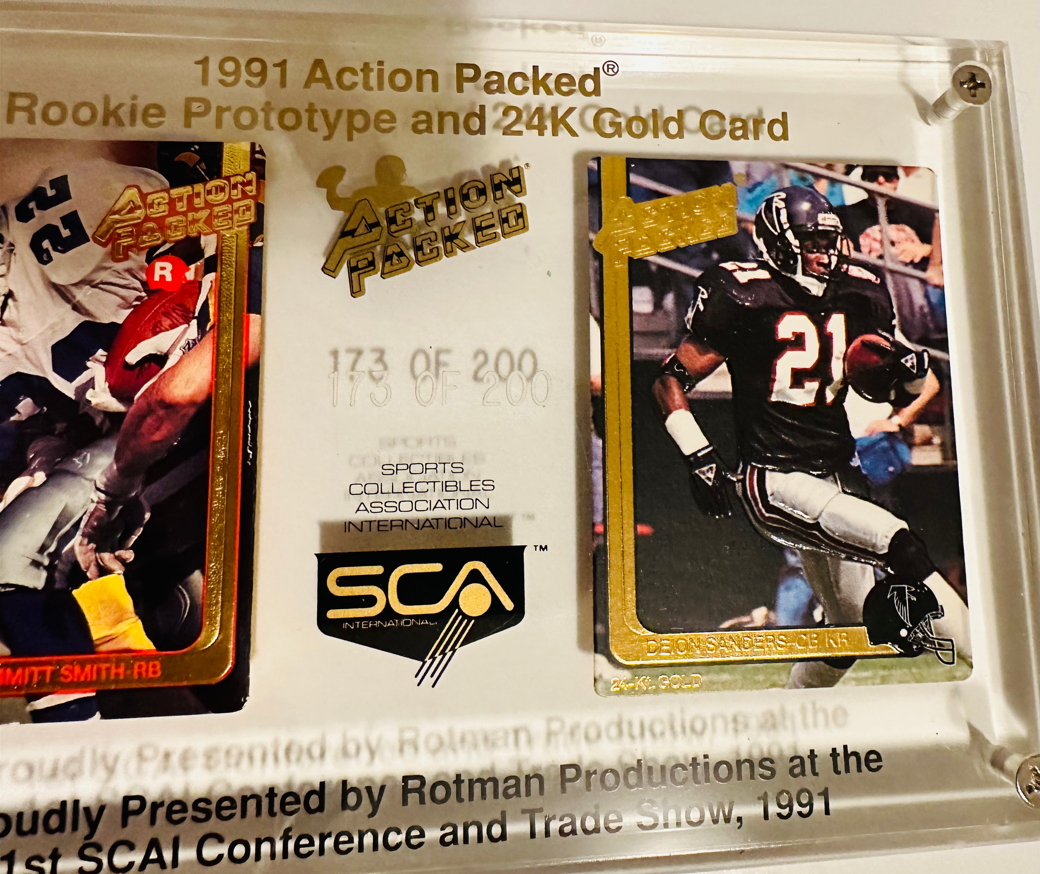 Rare Limited Edition SCA Dinner Lucite Football Display with Emmitt Smith Rookie Promo #173/200 - Perfect for Sports Memorabilia Collectors and Dallas Cowboys Fans