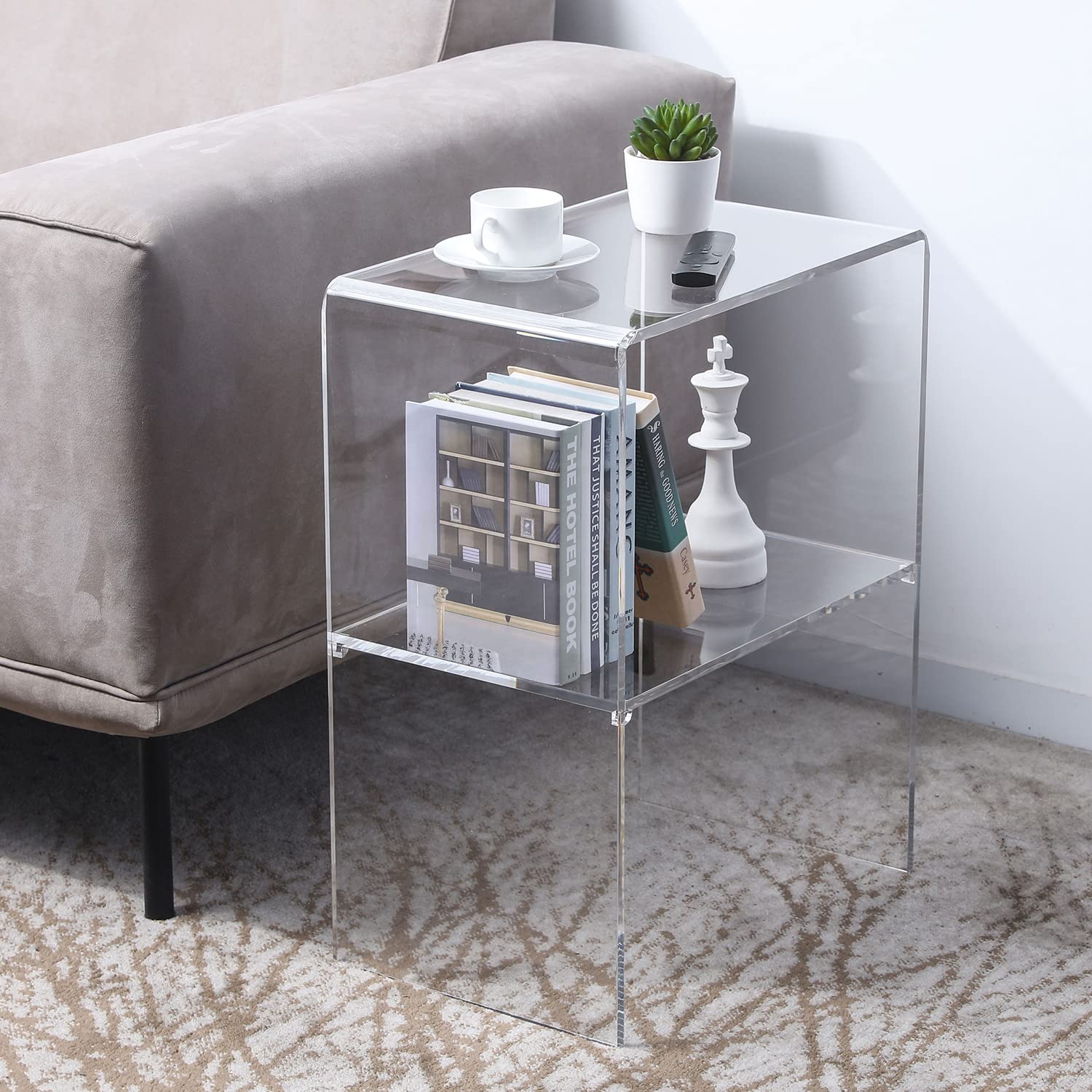 24 Inch Clear Acrylic End Table with 2-Tier Shelf - Modern Living Room Side Table & Bedroom Nightstand - Stylish Home Decor for Small Spaces, Dorm Rooms & Apartment Living