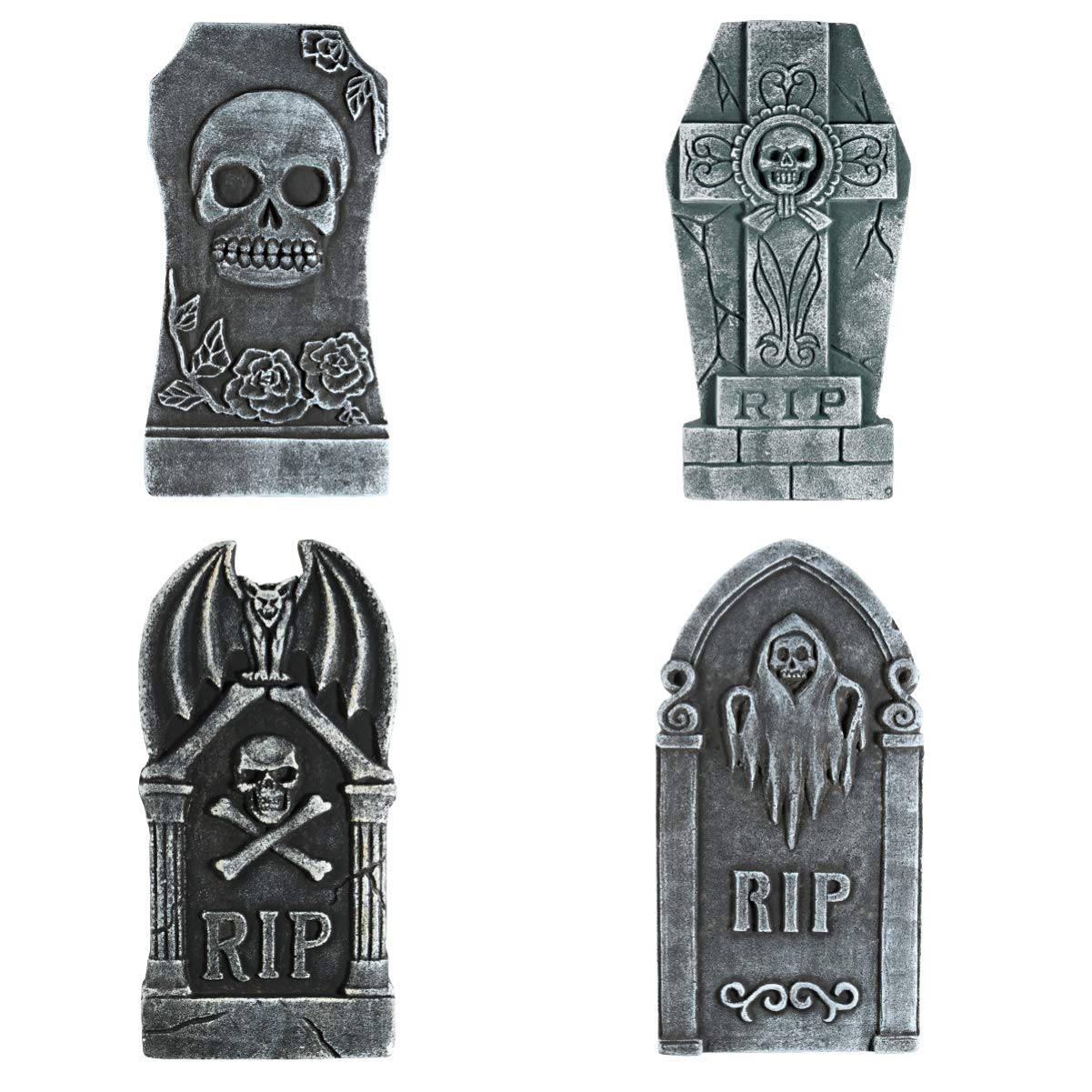 Halloween Foam Graveyard Tombstones - 4 Pack RIP Headstone Decor for Outdoor Yard & Lawn - Spooky Halloween Party & Haunted House Decorations