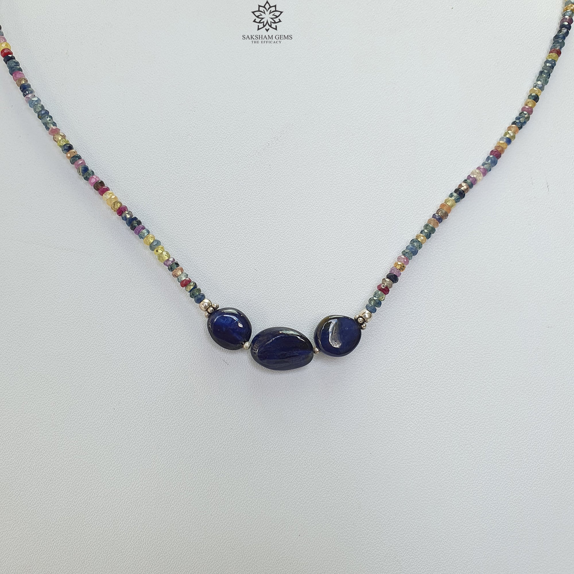 Natural Blue & Multi Sapphire Beads Necklace - 10.34gms Untreated Sapphire Gemstone Jewelry, 925 Sterling Silver Faceted Beaded Necklace for Women, 16 Inch, Perfect for Weddings, Parties & Gift Giving