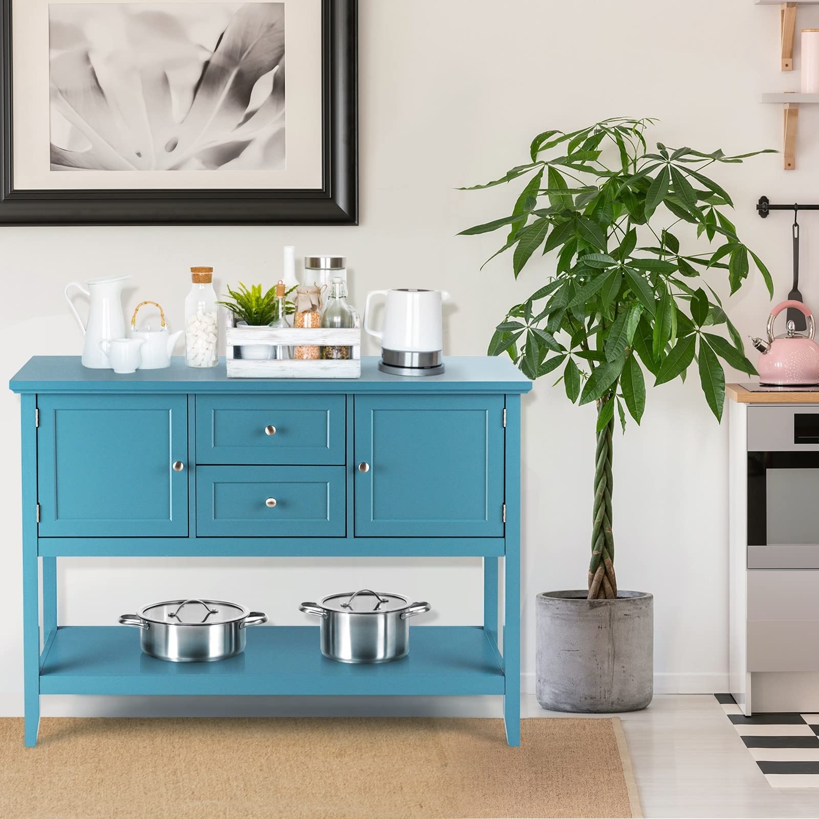 Moccha Buffet Sideboard - Wooden Console Table with 2 Drawers & 2 Storage Cabinets, Bottom Shelf - Perfect for Living Room, Kitchen, Dining Room & Hallway Decor (Aqua Blue) - Ideal for Entertaining, Storage & Home Organization