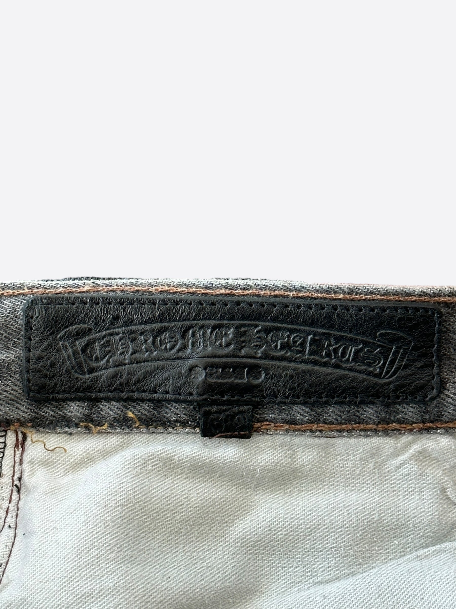 Chrome Hearts x Levi's Grey & Gold Cross Patch Distressed Denim Jeans - Stylish Vintage Look for Casual Wear & Street Fashion