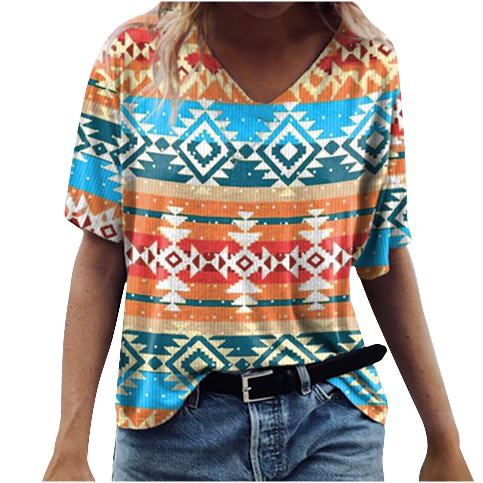 Women's Western Aztec Ethnic Print Short Sleeve Crewneck Loose Fit Tunic T-Shirt - Boho Chic Blouse for Casual Wear, Music Festivals & Summer Outfits