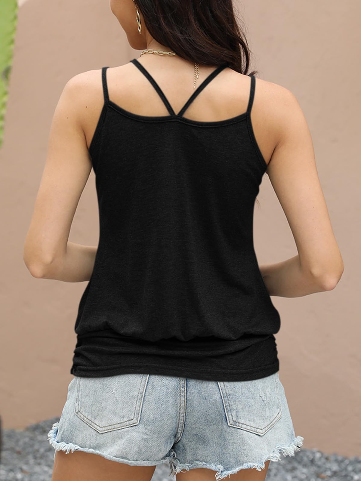Sexy Women's Spaghetti Strap Tank Top - Banded Hem Scoop Neck Sleeveless Shirt for Summer 2025 | Black | Casual Wear, Beach Outfits, Night Out & Layering