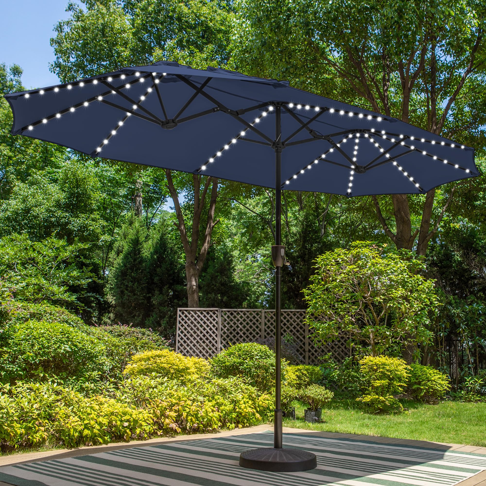 PHI VILLA 13ft Large Outdoor Patio Umbrella with 120 Solar LED Lights - Double-Sided Rectangle Market Umbrella for Deck, Garden, Poolside (Navy Blue, Base Not Included) | Perfect for Backyard, BBQ, and Outdoor Dining