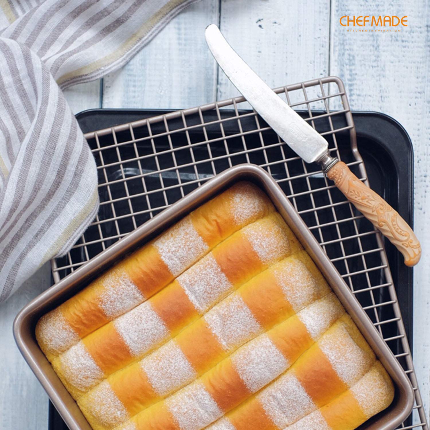 CHEFMADE 8-Inch Square Cake Pan with Removable Bottom - Non-Stick Deep Dish Bakeware for Baking Cakes, Brownies & Bars - Oven Safe, Champagne Gold - Perfect for Birthday Parties, Weddings & Home Baking