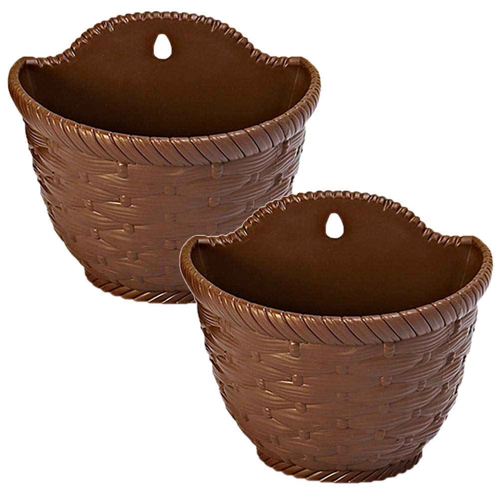 2 Pack Hemoton Faux Rattan Hanging Flower Baskets - Plastic Bonsai Planter Pots for Indoor/Outdoor Gardening Decor (Coffee, Large Size) | Perfect for Patio, Balcony & Home Garden Plant Display