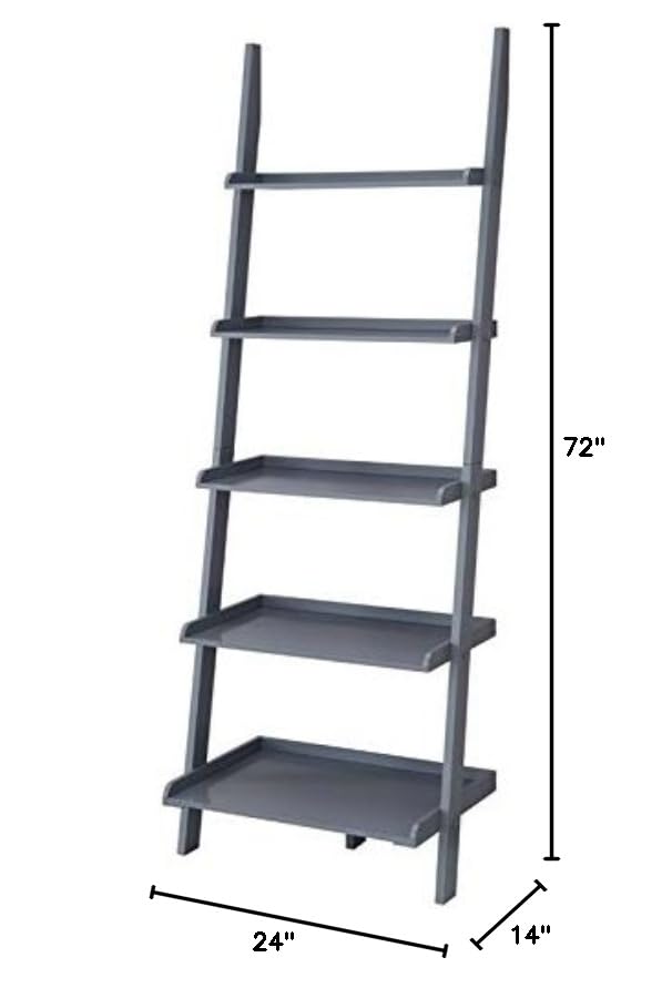 Pemberly Row 5-Shelf Ladder Bookcase - Gray Solid Wood Finish - Perfect for Living Room, Bedroom & Home Office Storage