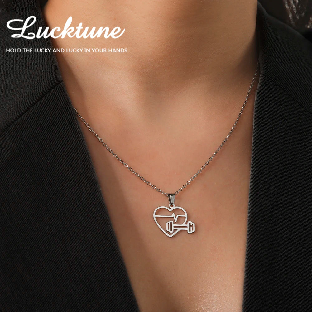 Lucktune Heartbeat Dumbbell Pendant Necklace - Stainless Steel Heart Shaped Fitness Jewelry for Women & Men - Perfect for Workouts, Gym, Valentine's Gift & Everyday Fashion Accessory