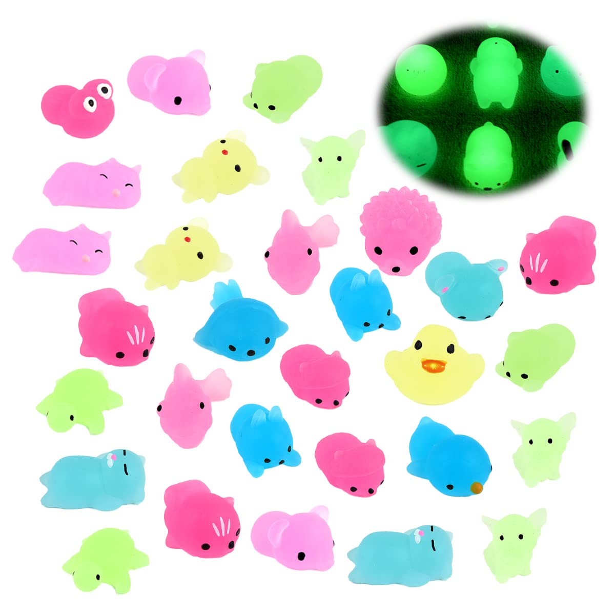 30-Piece Mini Glow in The Dark Squishies - RosyFate Mochi Squishy Pack, Cute Kawaii Animal Squishies, Random Glowing Creatures for Stress Relief & Sensory Play (Perfect for Kids Party Favors, Desk Toys & Anxiety Relief)