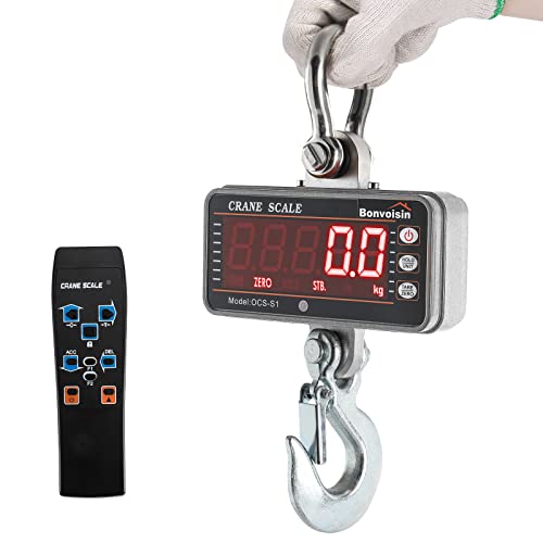 Bonvoisin 1000kg/2000lb Digital Crane Scale - Industrial Heavy Duty Hanging Scale with Remote Control, Portable Electronic Weighing Device, 5-Digit LED Display, CE Certified (Silver) - Perfect for Construction, Warehousing, Shipping & Logistics