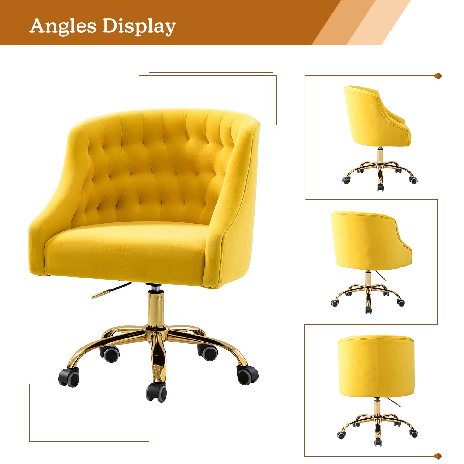 Luxury Velvet Home Office Chair with Gold Base - Adjustable Swivel Task Chair for Living Room, Bedroom & Study - Modern Ergonomic Desk Chair for Women - Perfect for Work From Home, Gaming & Vanity Areas (Yellow)