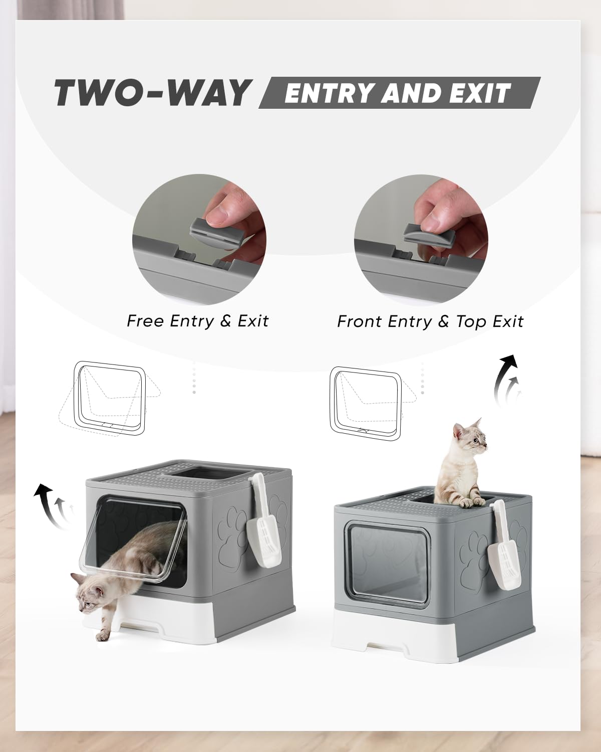 Enclosed Cat Litter Box for Large Cats - Odor Control Covered Kitty Litter Box with Lid & Scoop, Top Entry Design, Easy to Clean (Grey) - Perfect for Home, Apartment & Multi-Cat Households