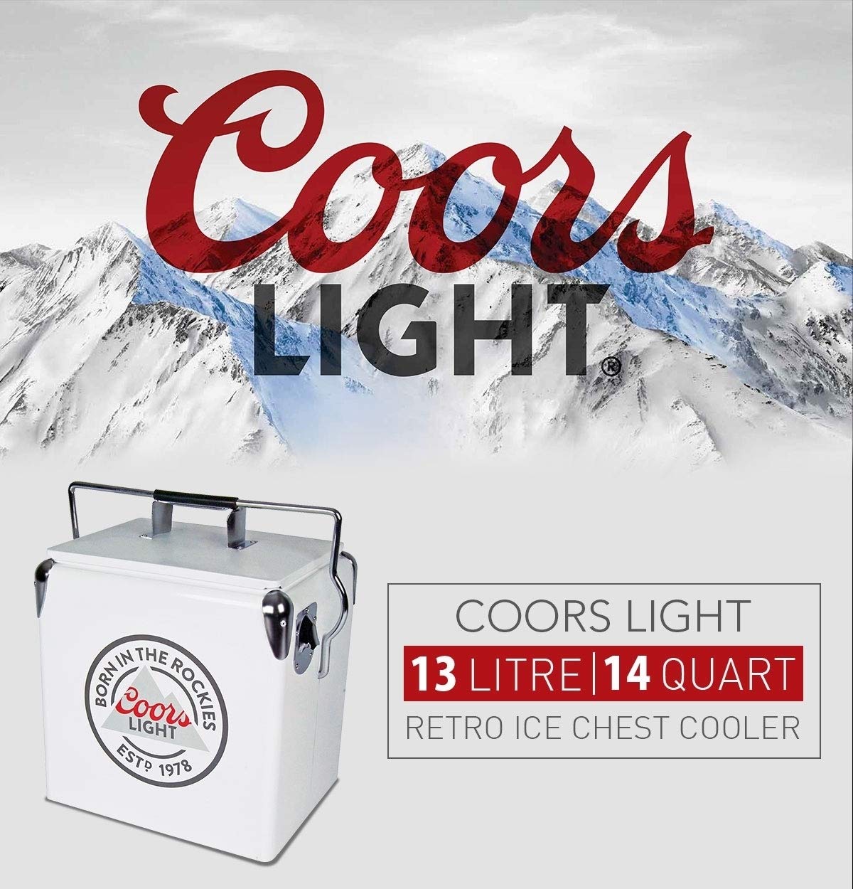 Coors Light Retro Ice Chest Cooler 13L (14 qt) - 18 Can Capacity, White & Silver Vintage Style Cooler with Bottle Opener | Perfect for Camping, Beach, Picnics, RV Trips, BBQs, Tailgating & Fishing Parties