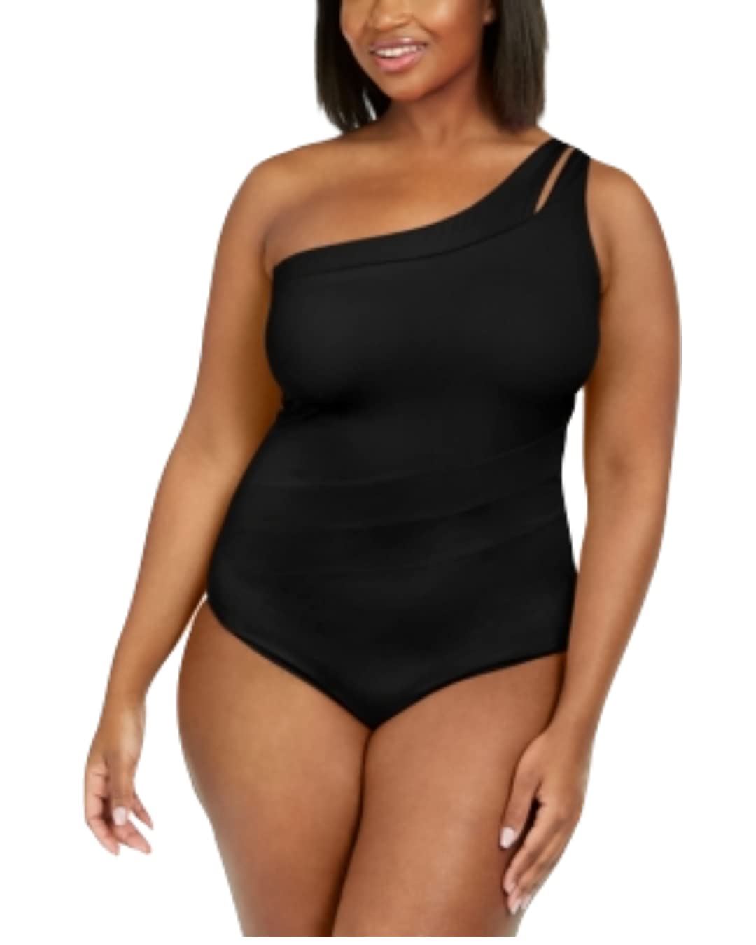 BECCA ETC Trendy Plus Size One-Shoulder One-Piece Swimsuit for Women - Black 2X | Flattering Swimwear for Beach, Pool & Vacation | Color Code Design