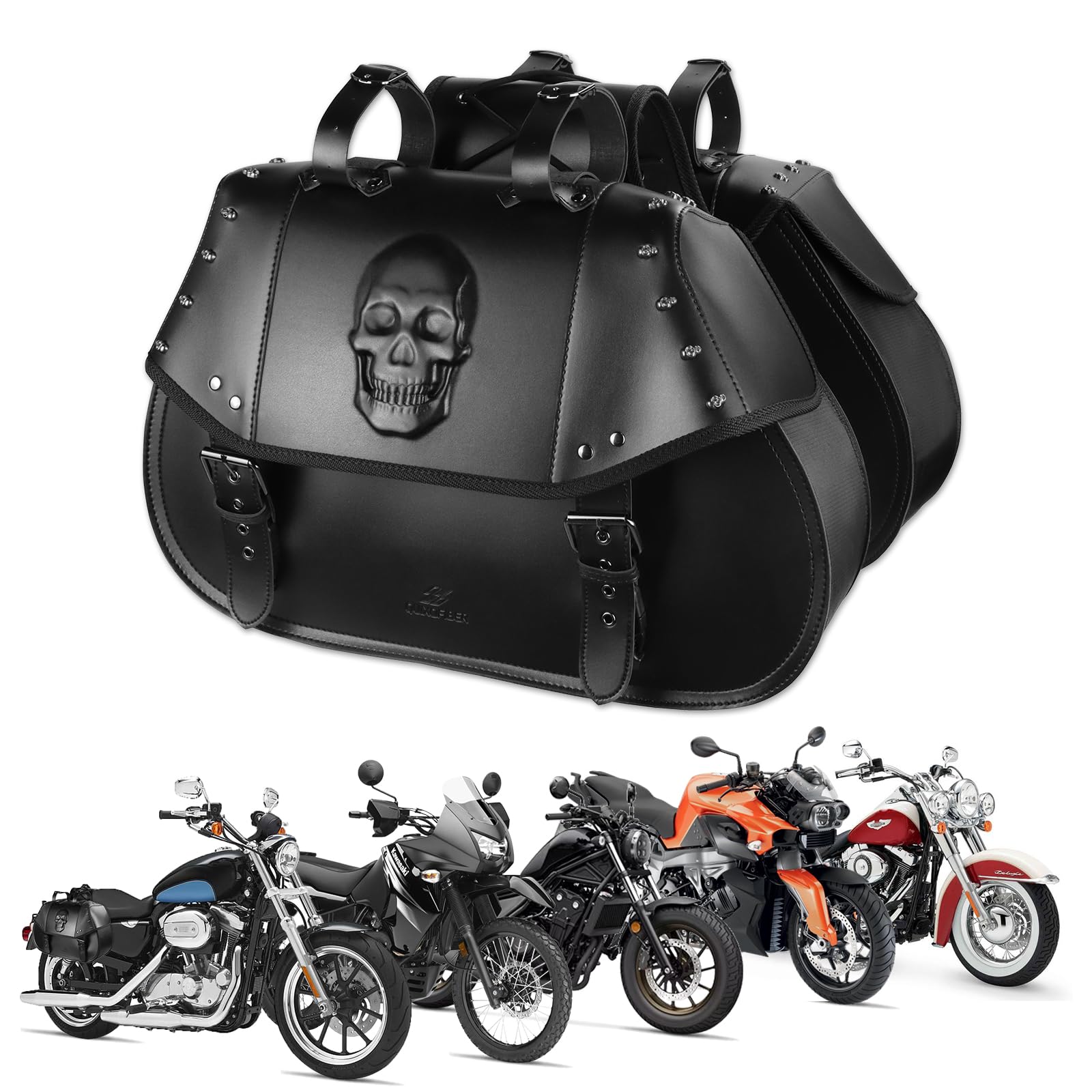 34L Large Capacity Waterproof Motorcycle Saddlebags - PU Leather Side Bags for Harley, Honda, Yamaha, Kawasaki (3D Skull Design, Black) | Perfect for Long Rides, Road Trips & Daily Commuting