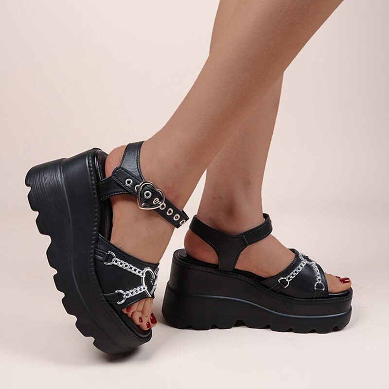 Lovevop Black Gothic Wedge Sandals for Women - Y2K Style Chunky Platform Sandals with Punk Buckle | Thick Bottom Lolita Shoes | Plus Size Available | Perfect for Summer Outfits, Concerts, and Gothic Fashion