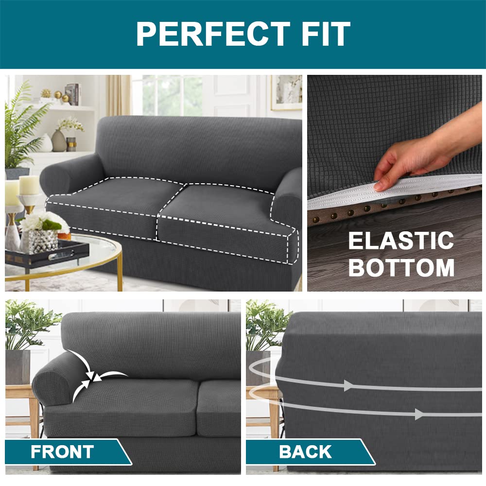 3-Piece Turquoise Sofa Cover Set for 2-Seater Couch with T-Cushions - Soft Stretchable Loveseat Slipcovers in Gray - Perfect for Living Room, Apartment & Home Decor Protection