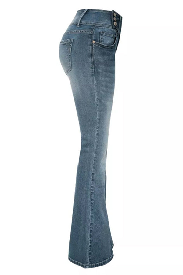 Vintage High Waist Flared Jeans with Side Button Pockets - Retro 70s Style Denim Pants for Women, Perfect for Casual Outings & Boho Fashion Looks