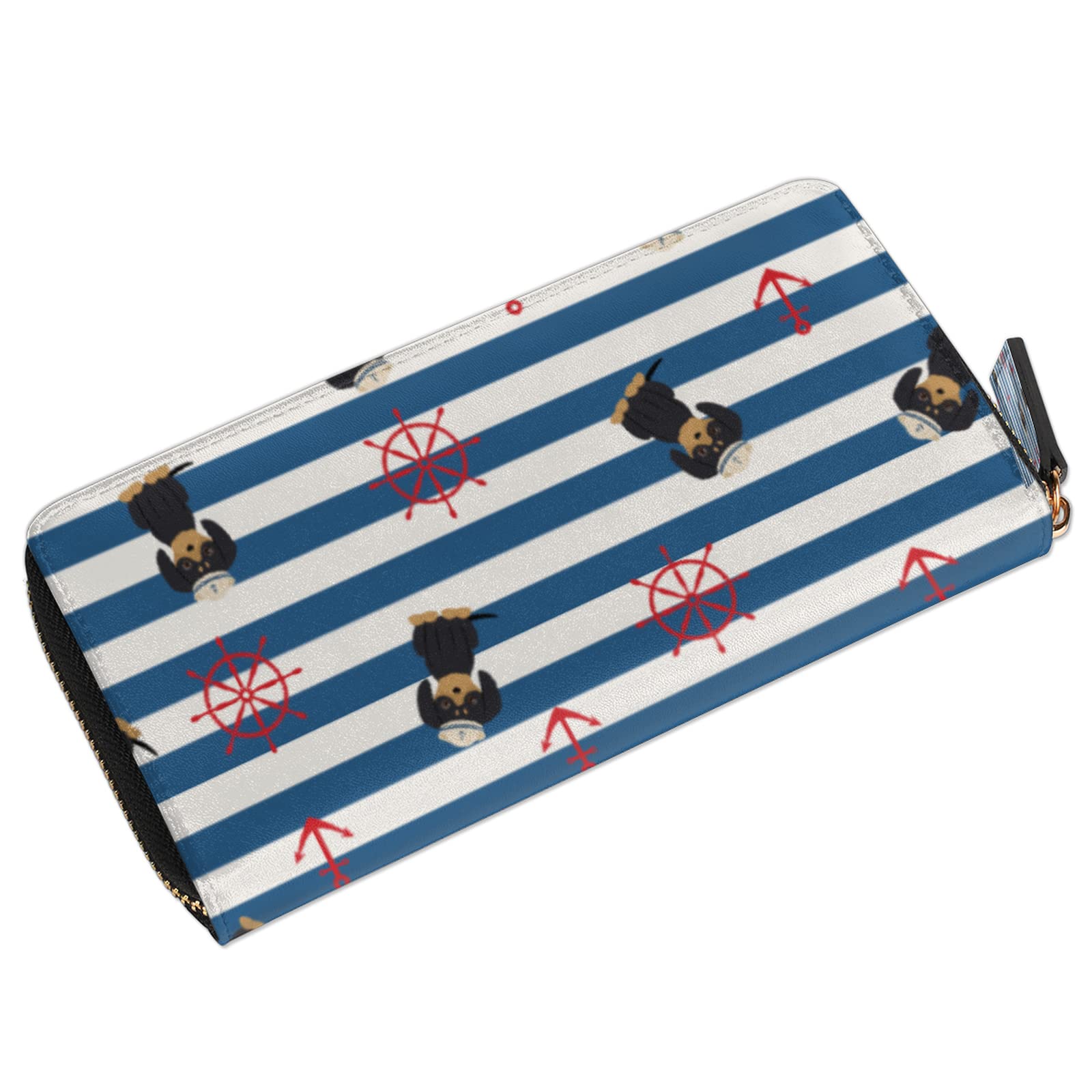 Stylish Women's Leather Wallet with Puppy & Nautical Prints - Large Credit Card Holder, Coin Purse & Zippered Phone Clutch | Slim RFID Blocking Bifold Wallet for Everyday Use, Travel & Gift Giving