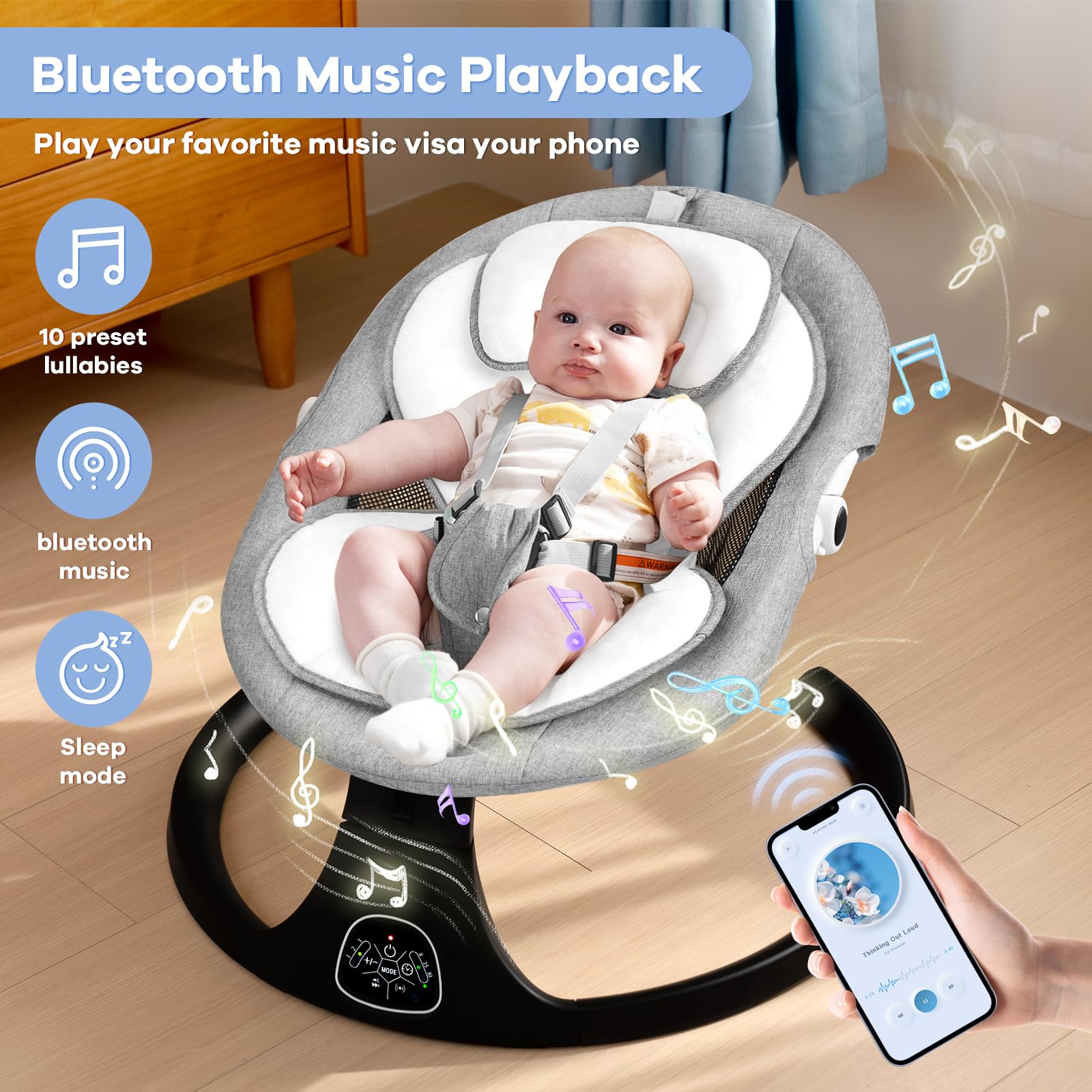 Electric Baby Swing for Infants - 5 Speed Adjustable Rocker with 10 Soothing Lullabies, Remote Control, AC Adapter & Battery Powered (Gray) - Perfect for Nursery, Living Room, Backyard & Travel Use