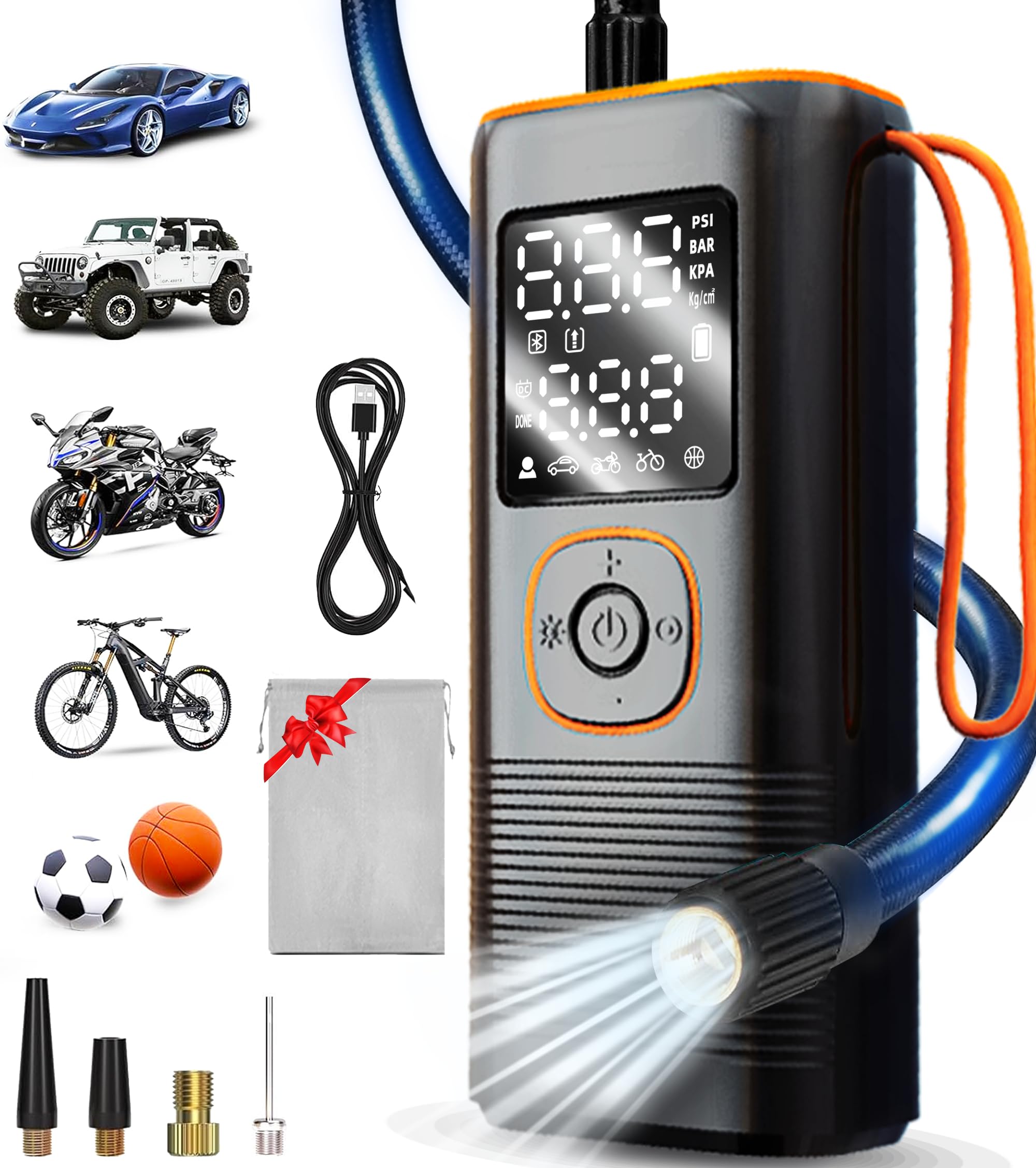Portable Tire Inflator for Car & Motorcycle - 160PSI Air Compressor with Digital Pressure Gauge, LED Light - Fast Inflation for Car Tires, Bike, Sports Balls - Perfect for Road Trips, Emergency Use & Home Garage