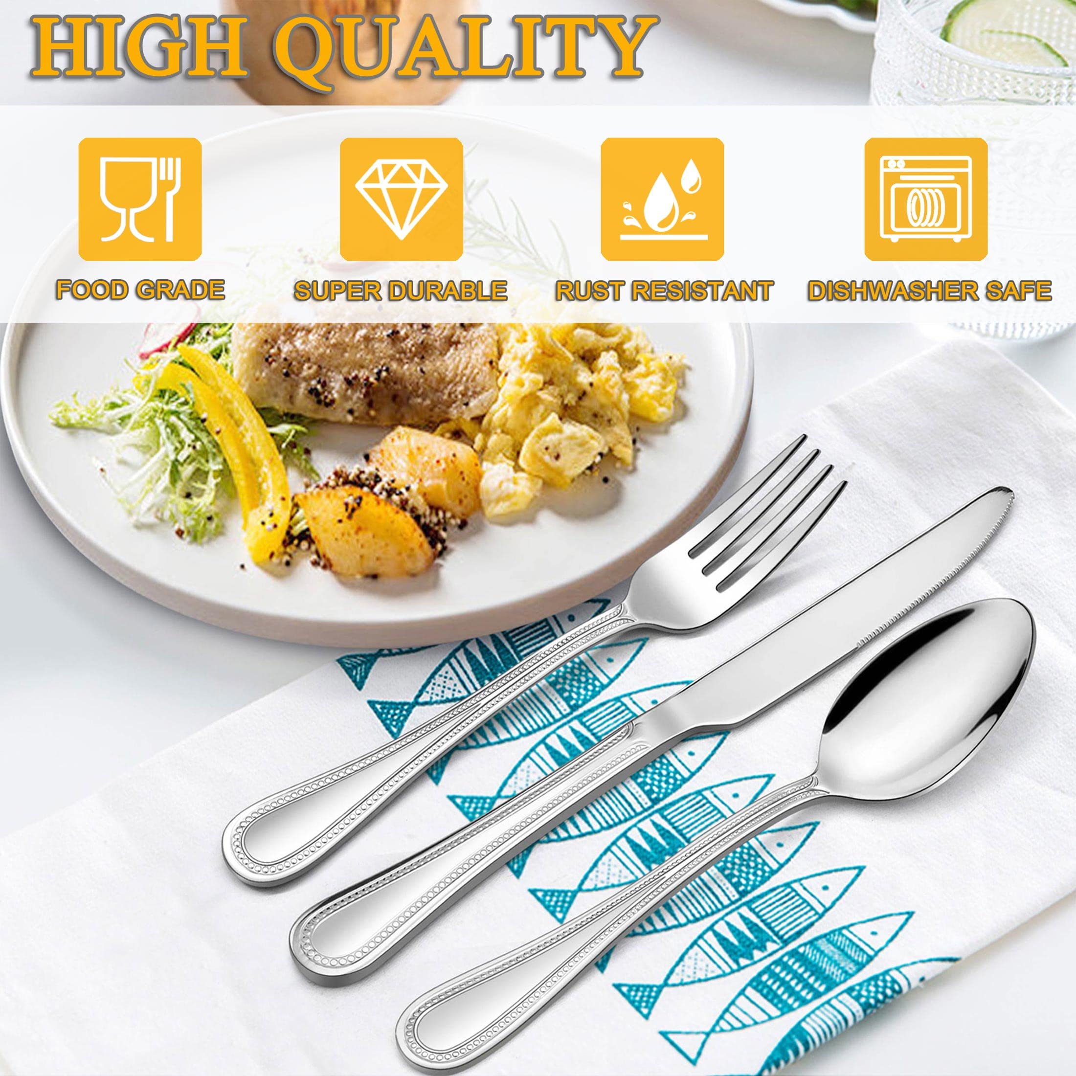Premium 40-Piece Stainless Steel Flatware Set for 8 - Mirror Finish Silverware with Pearled Edge - Dishwasher Safe Cutlery for Home, Kitchen, Restaurant & Party - Elegant Tableware for Fine Dining, Wedding Gifts & Entertaining Guests