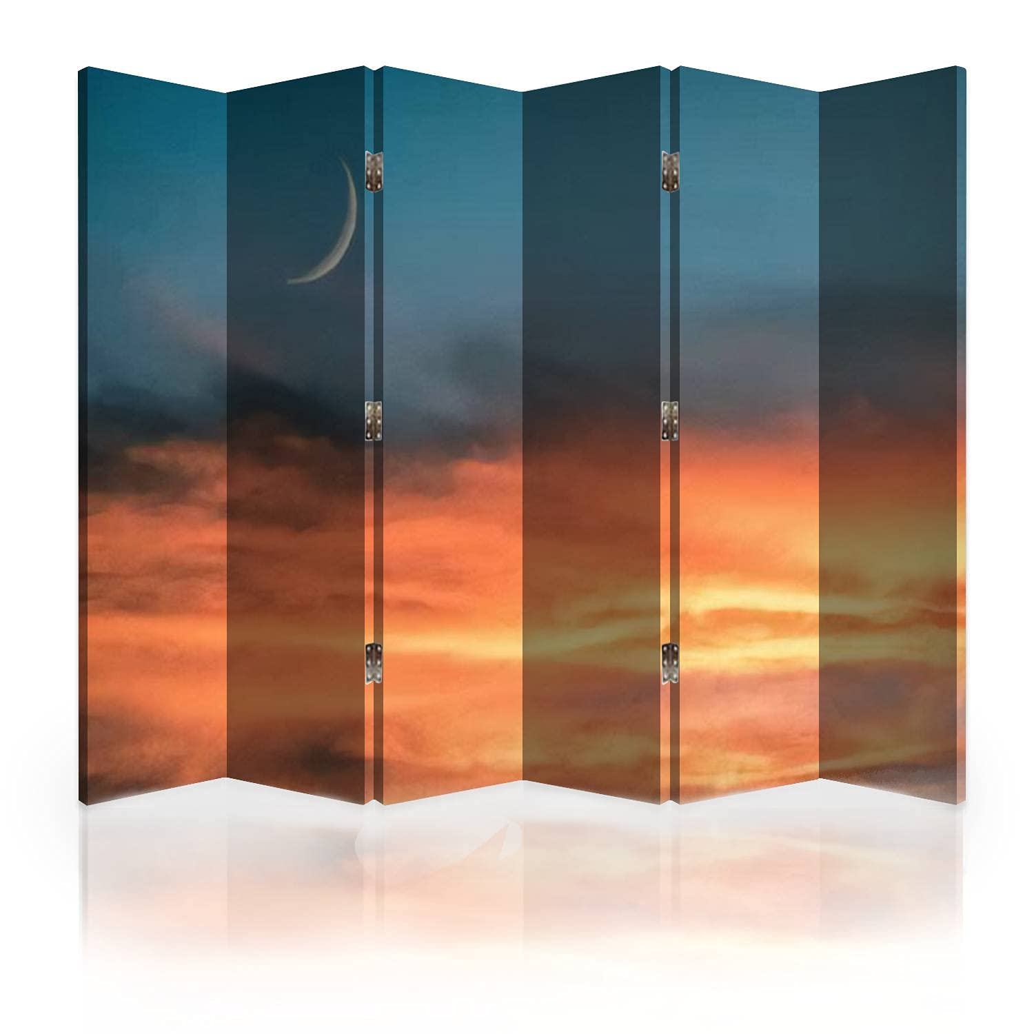 6-Panel Canvas Room Divider Screen with Sunset Sky & Large Crescent Moon - Folding Privacy Partition for Bedroom, Office, Yoga Studio | Decorative Wall Separator for Home & Commercial Spaces