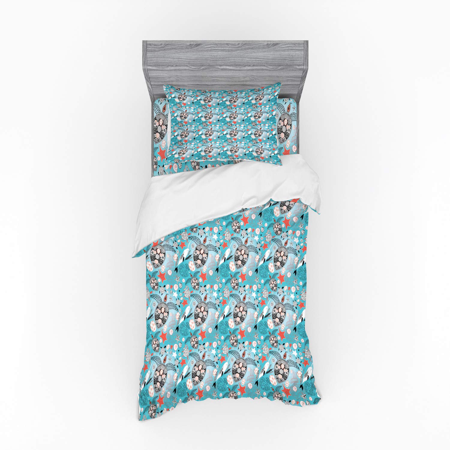 Ambesonne Turtle Duvet Cover Set - Underwater Theme with Jellyfish, Narwhal & Shells - 3 Piece Bedding Set (Twin Size, Multicolor) - Perfect for Kids' Rooms, Beach Houses & Ocean-Themed Decor