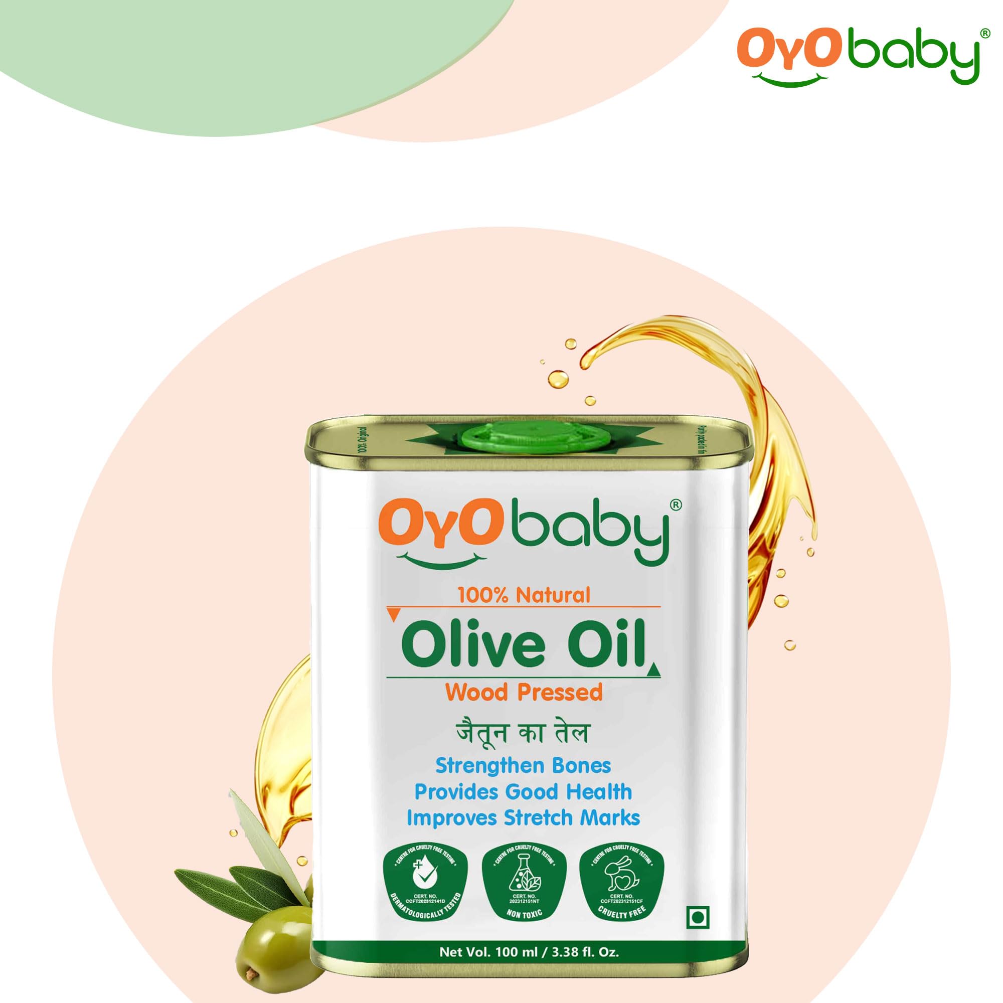OYO BABY 100% Pure & Natural Olive Massage Oil for Babies - 100ml | Promotes Faster Physical Growth, Stronger Bones & Muscles | Cold Pressed Baby Hair & Body Oil | Ideal for Newborn Massage, Skin Hydration & Relaxation | Pack of 1