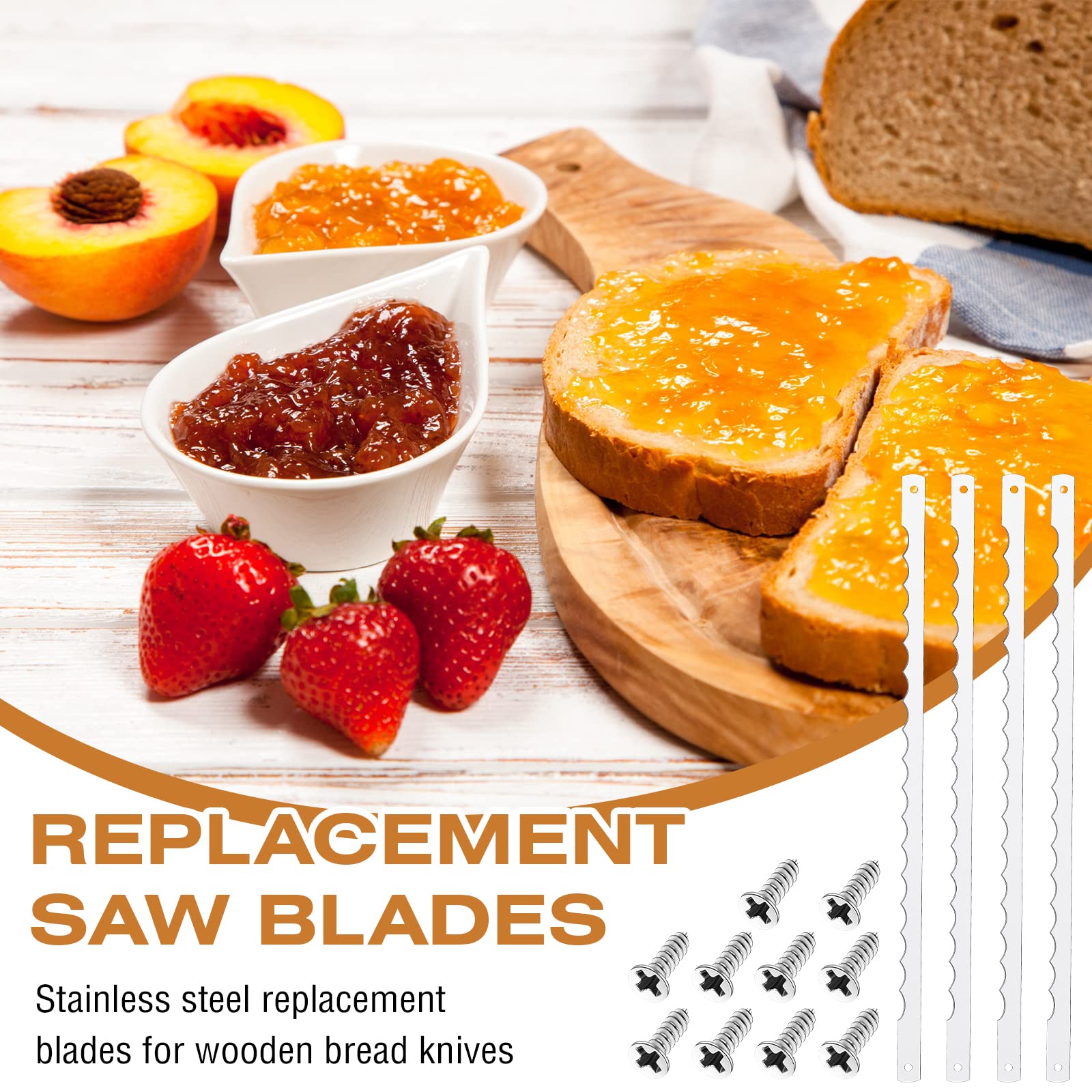 Lasnten 4-Piece Stainless Steel Serrated Bread Knife Replacement Blades with Screws - Compatible with Wooden Baking Knives | Perfect for Slicing Bread, Cakes, and Pastries