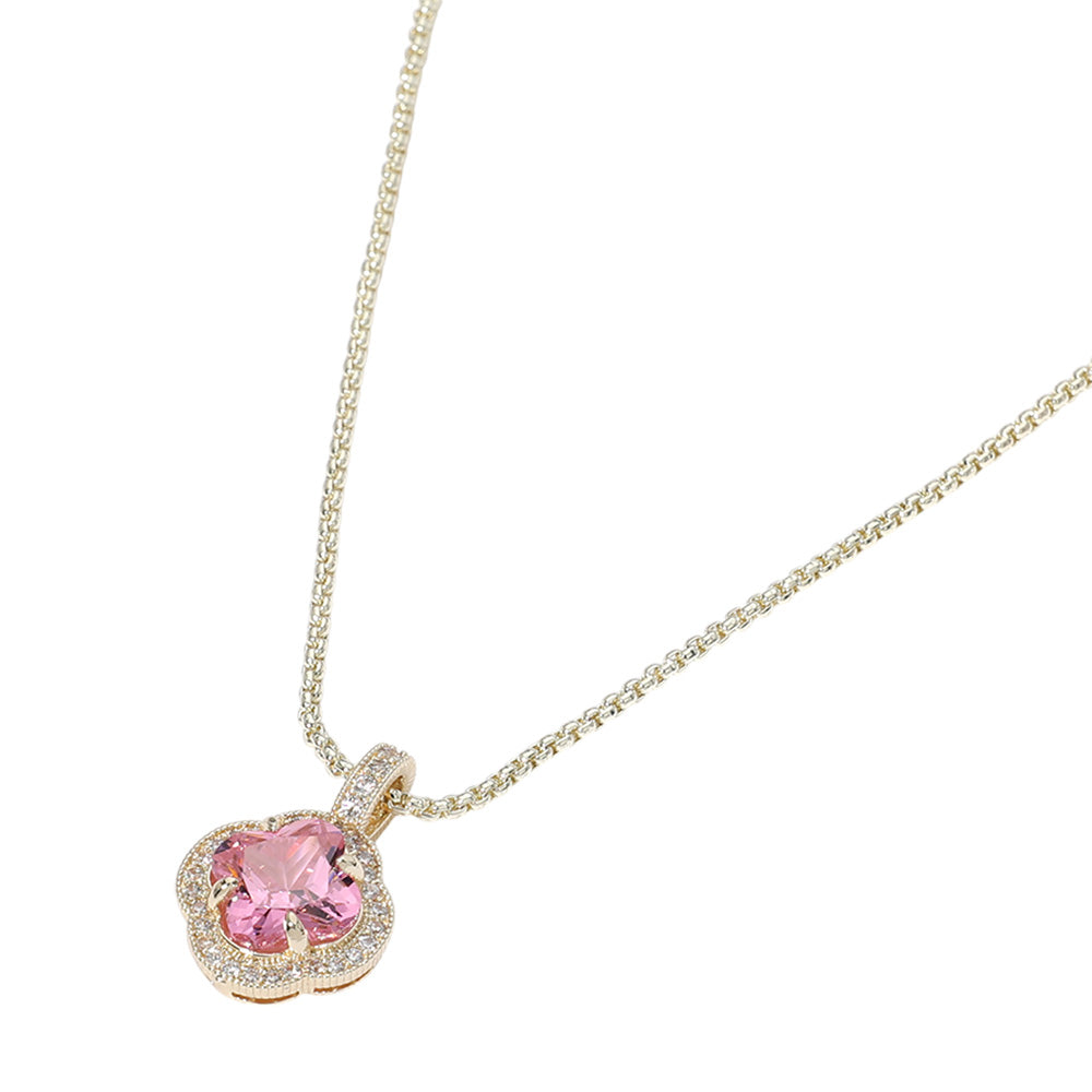 14K Gold Plated Quatrefoil Cubic Zirconia Pink Pendant Necklace for Women - Elegant Jewelry Gift for Valentine's Day, Anniversary & Special Occasions