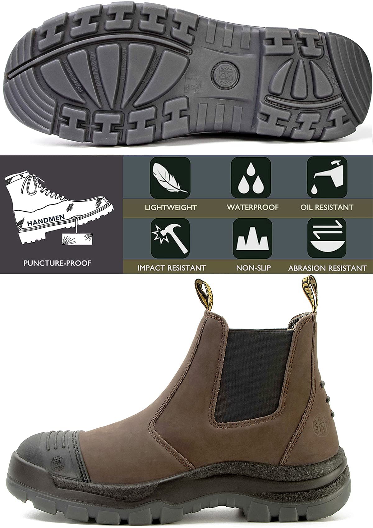 **Men's Steel/Soft Toe Waterproof Work Boots - Slip Resistant, Static Dissipative Safety Shoes for Construction & Outdoor Work (Dark Brown)**    **使用场景:** Ideal for construction workers, electricians, and outdoor laborers needing durable, waterproof, and slip-resistant footwear.