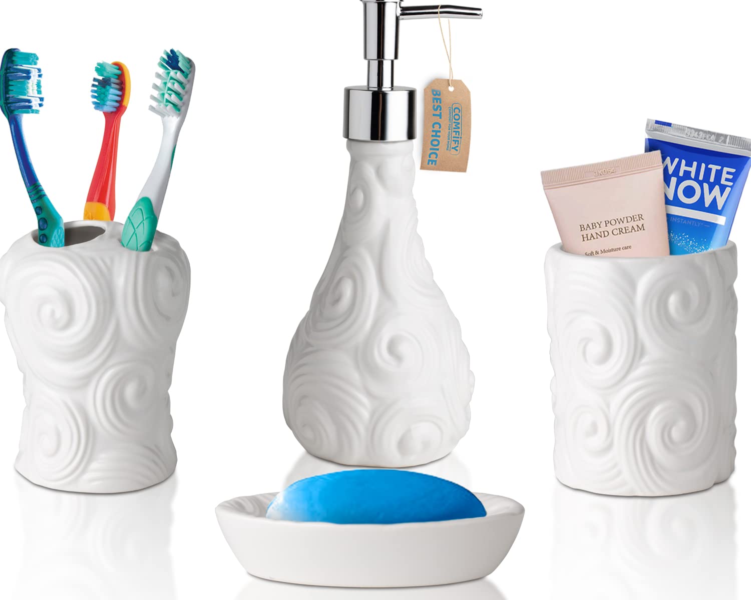 Comfify Designer 4-Piece Bathroom Accessories Set - Porcelain Soap Dispenser, Toothbrush Holder, Tumbler & Soap Dish - Glossy White Finish with Ocean Wave Design - 15.6oz Capacity - Perfect for Modern Bathrooms, Guest Suites & Spa-Style Decor