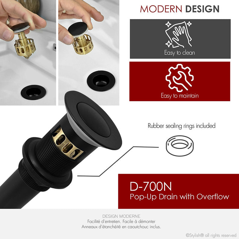 POP UP DRAIN WITH OVERFLOW D 700N - Modern Matt Black Bathroom Sink Drain for Easy Installation & Water Flow Control | Perfect for Bathroom Renovation & Home Improvement Projects