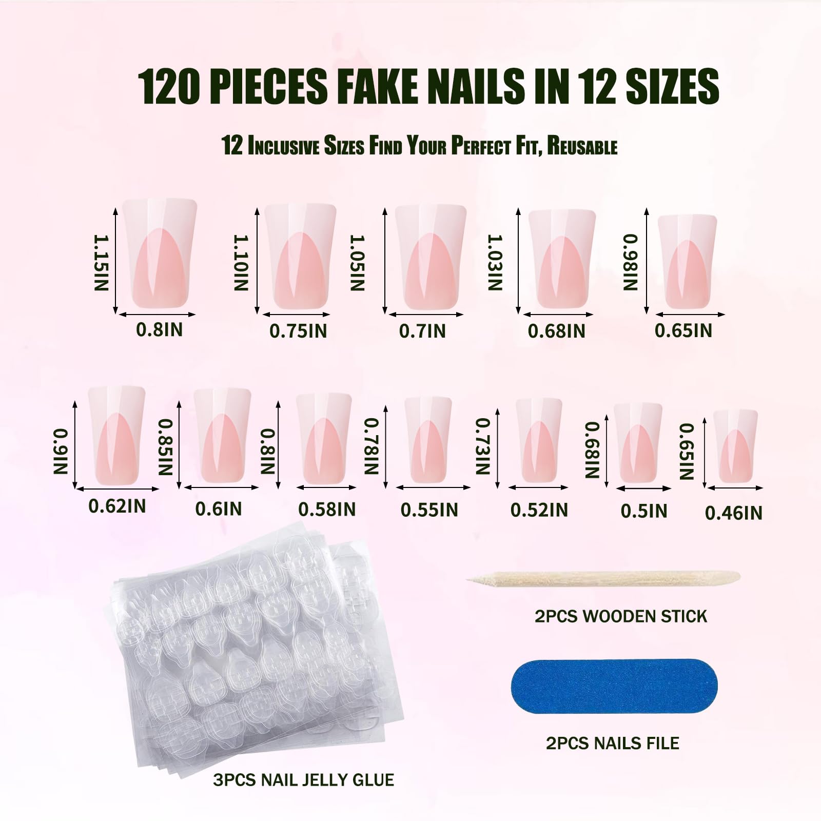 120Pcs White French Duck Press On Nails - 12 Sizes Glossy Tips for Salon & DIY Nail Art