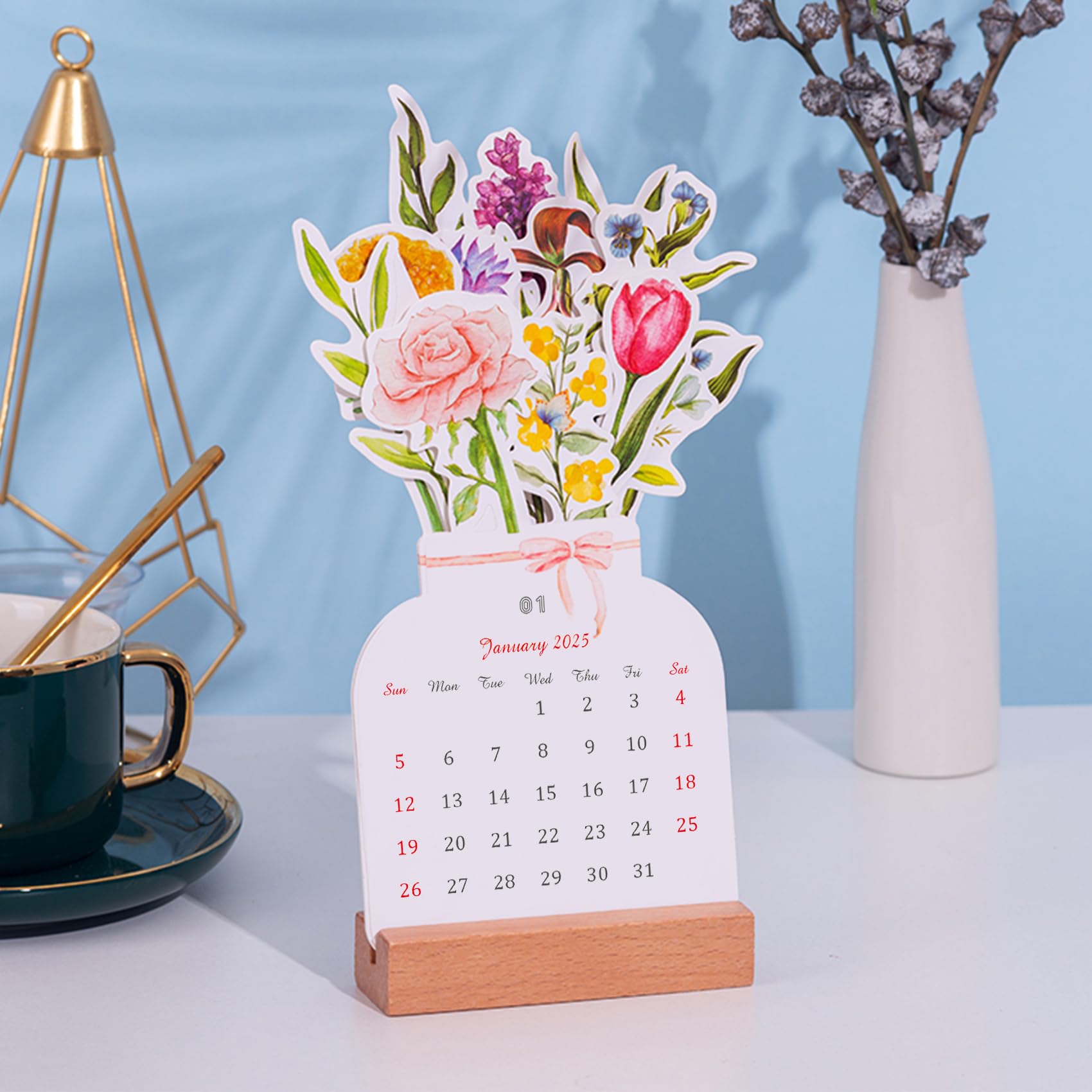 2025 Floral Desk Calendar - Elegant Vase-Shaped Monthly Planner (3.9
