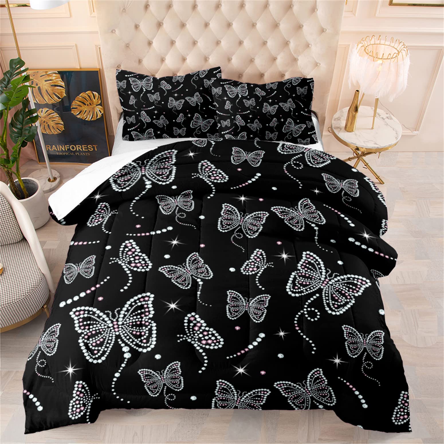 King Size Black Comforter Set with Shining Butterfly Design - Includes 1 Duvet & 2 Pillow Shams | Luxurious Bedding for Master Bedroom, Guest Room & Hotel Decor