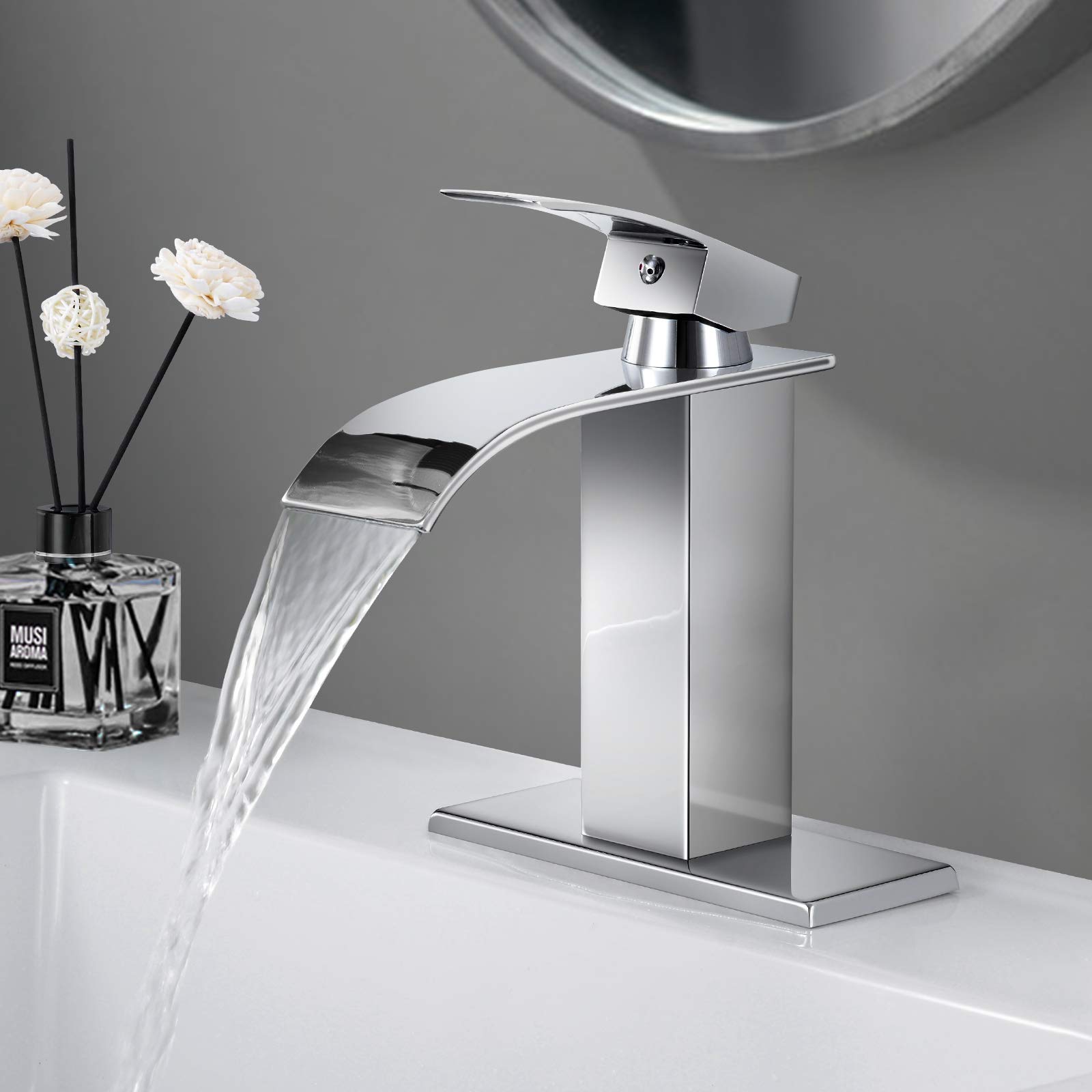 Qomolangma Chrome Waterfall Spout Single Handle Bathroom Sink Faucet with Deck Plate - Modern Design for Vanity & Powder Room Installation