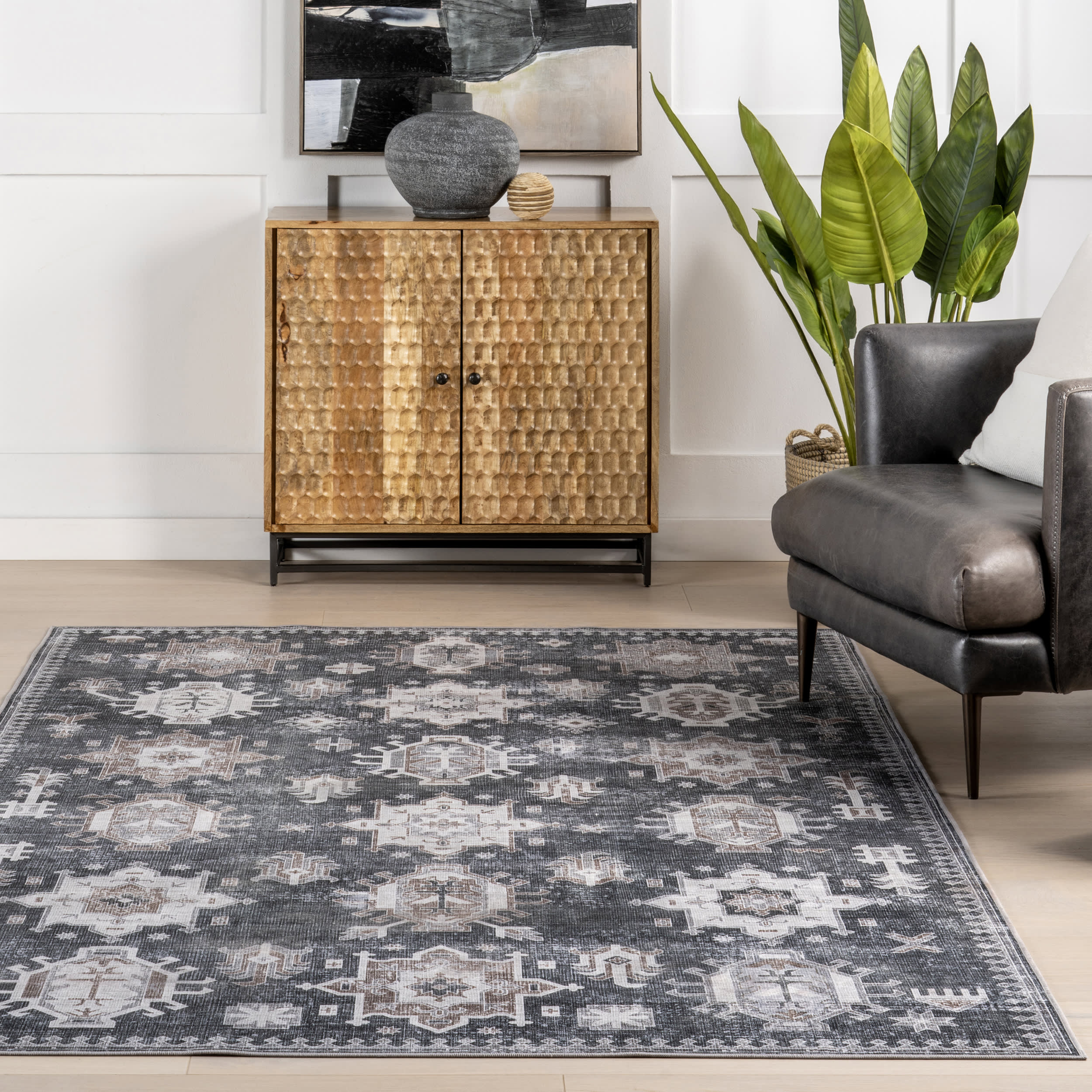 Brenda Hazy Heraldry Spill Proof Washable Rug - Dark Grey Non-Slip Area Rug for Living Room, Bedroom & Kitchen | Easy Clean Pet Friendly Home Decor